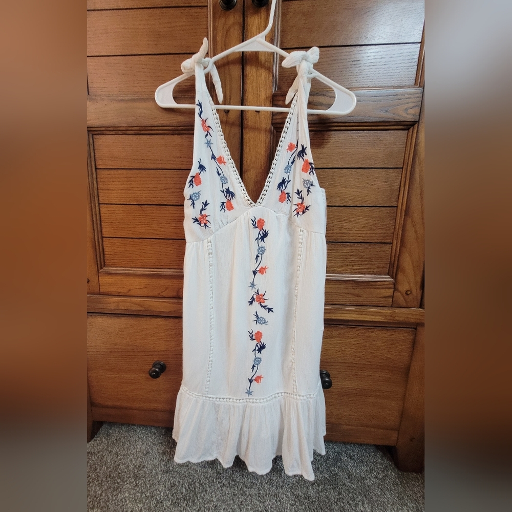 White Dress with Floral Embroidery Sun Dress Or Swim Suit Cover Up